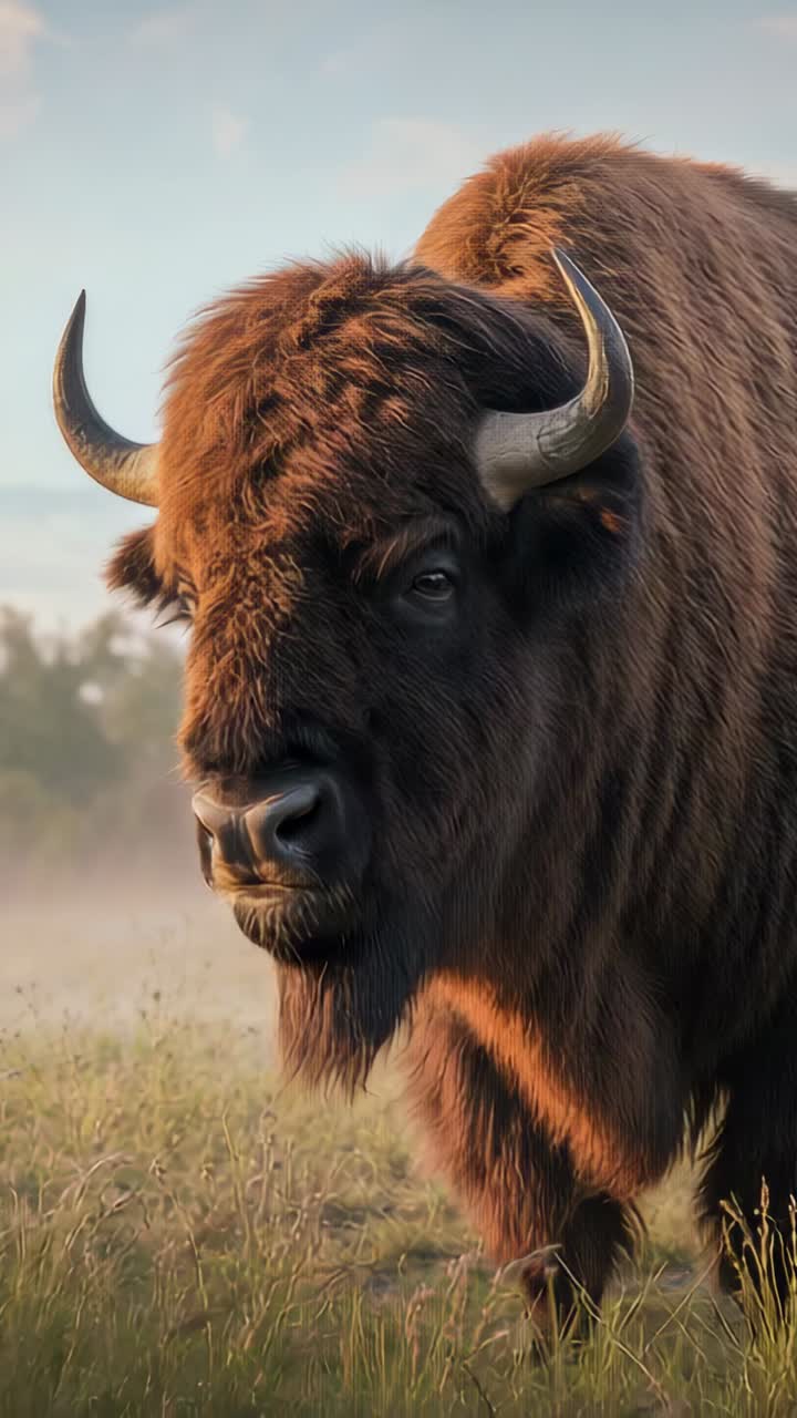 Vertical video: Standing bison by dawn shifting head, blinking in misty prairie, showing horns