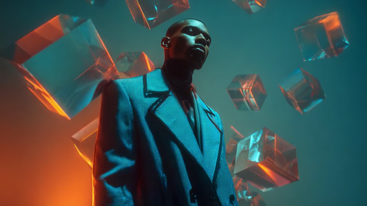 A charismatic figure stands confidently amidst a captivating arrangement of floating geometric shapes, enhancing the vibrant atmosphere of creativity and artistry in a visually striking scene