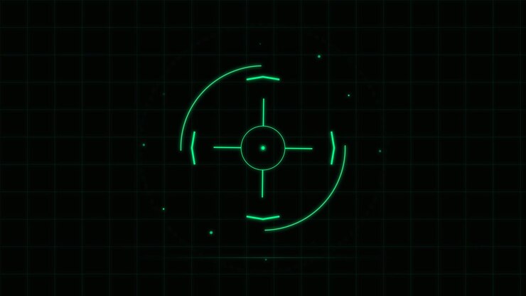 Green Digital HUD Target Reticle Rotating on Grid Background