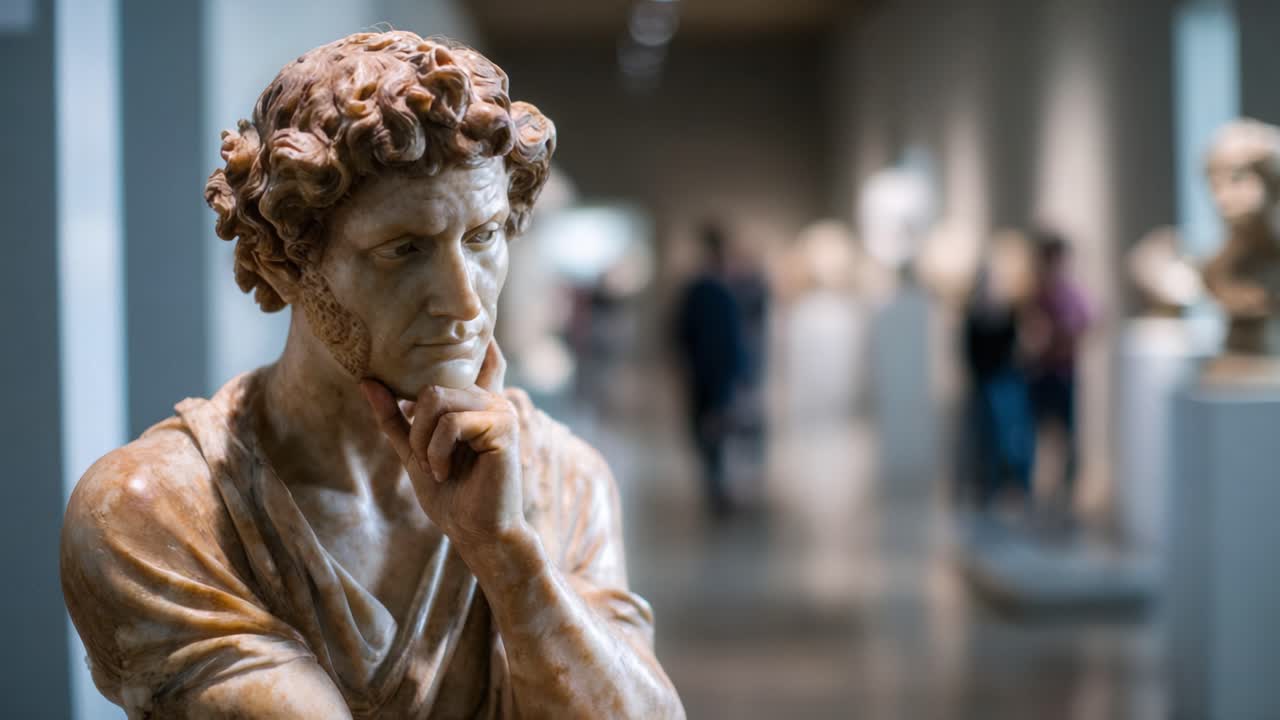 Scultura intrigante di una figura pensierosa in un ambiente museale, che cattura l'essenza dell'arte e della riflessione all'interno di uno spazio culturale coinvolgente