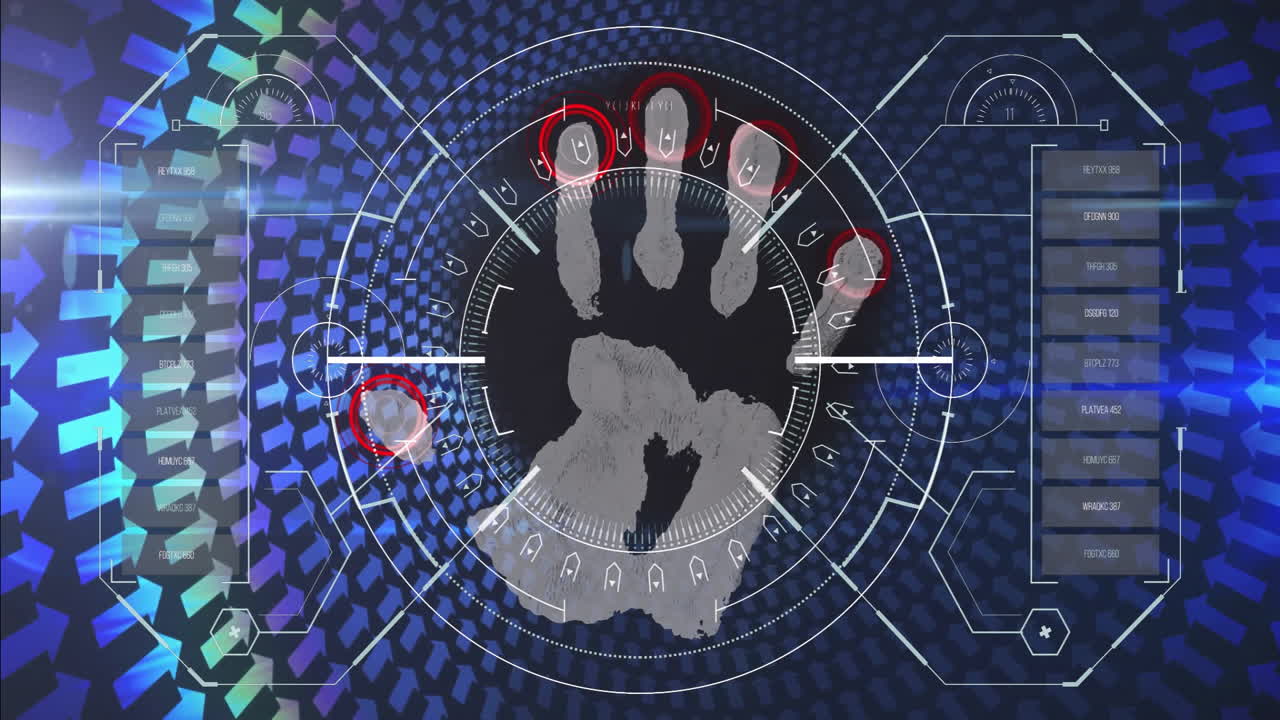 animación de reconocimiento de huellas digitales a través de una interfaz digital con patrones geométricos