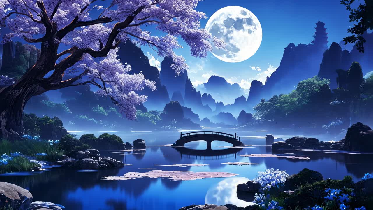 Un paesaggio sereno e fantastico con luna piena, fiori di ciliegio e un ponte sull'acqua