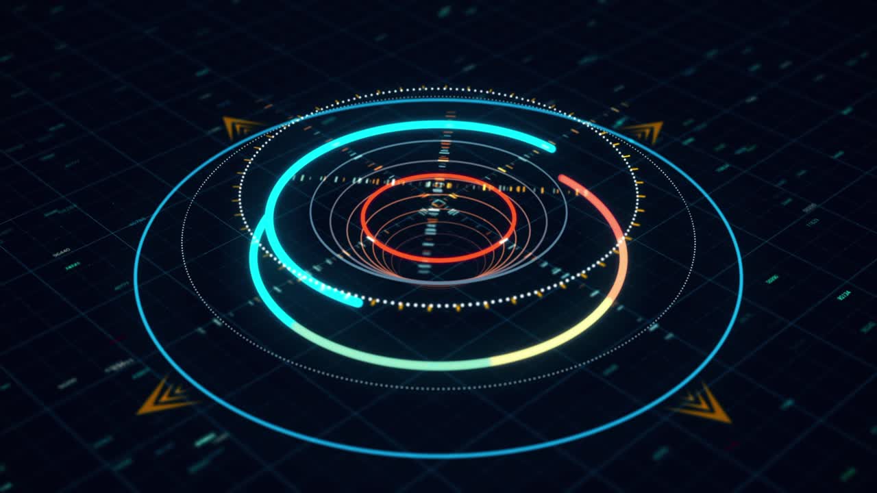 Abstract Futuristic Interface with Glowing Circles and Grid Pattern