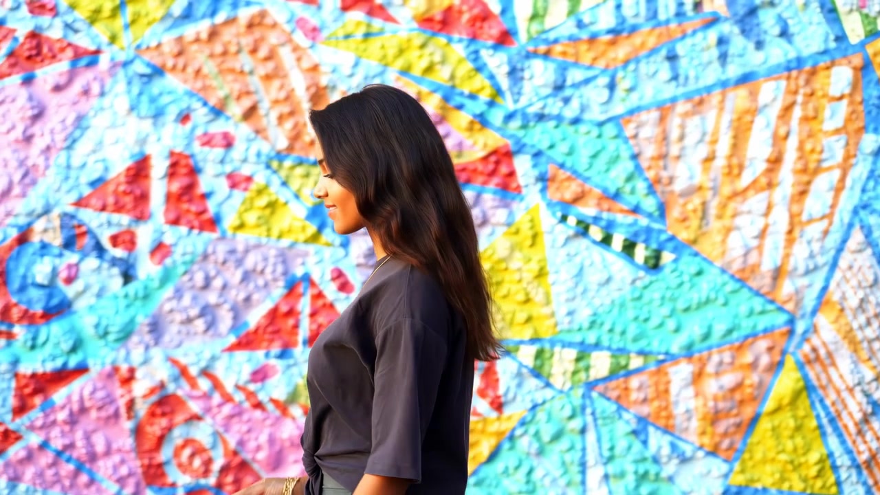 Donna che cammina davanti a un murale colorato, profilo laterale in una strada urbana, graffiti geometrici testurizzati, abbigliamento casual.