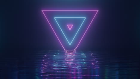 shining pinkblue neon triangles over water