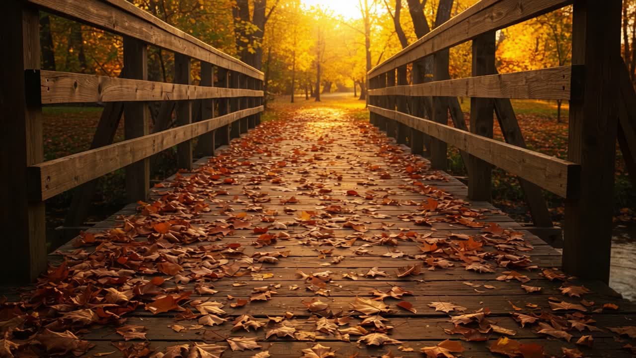 A Serene Autumn Evening Walk Across a Wooden Bridge, Surrounded by Vibrant Fall Foliage and Rustling Leaves under the Golden Glow of the Setting Sun