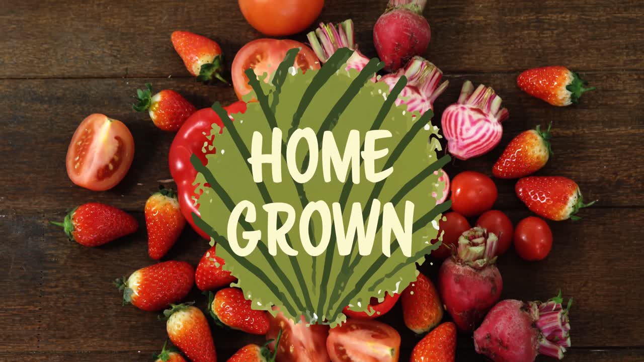 анимация веганского текста над свежими фруктами и овощами