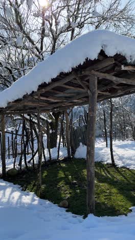 rural shelter snow in winter season sun shade in summer in countryside traditional lifestyle people mountain forest nature landscape alpine hiking pasture peak scenic tourism travel field viewpoint