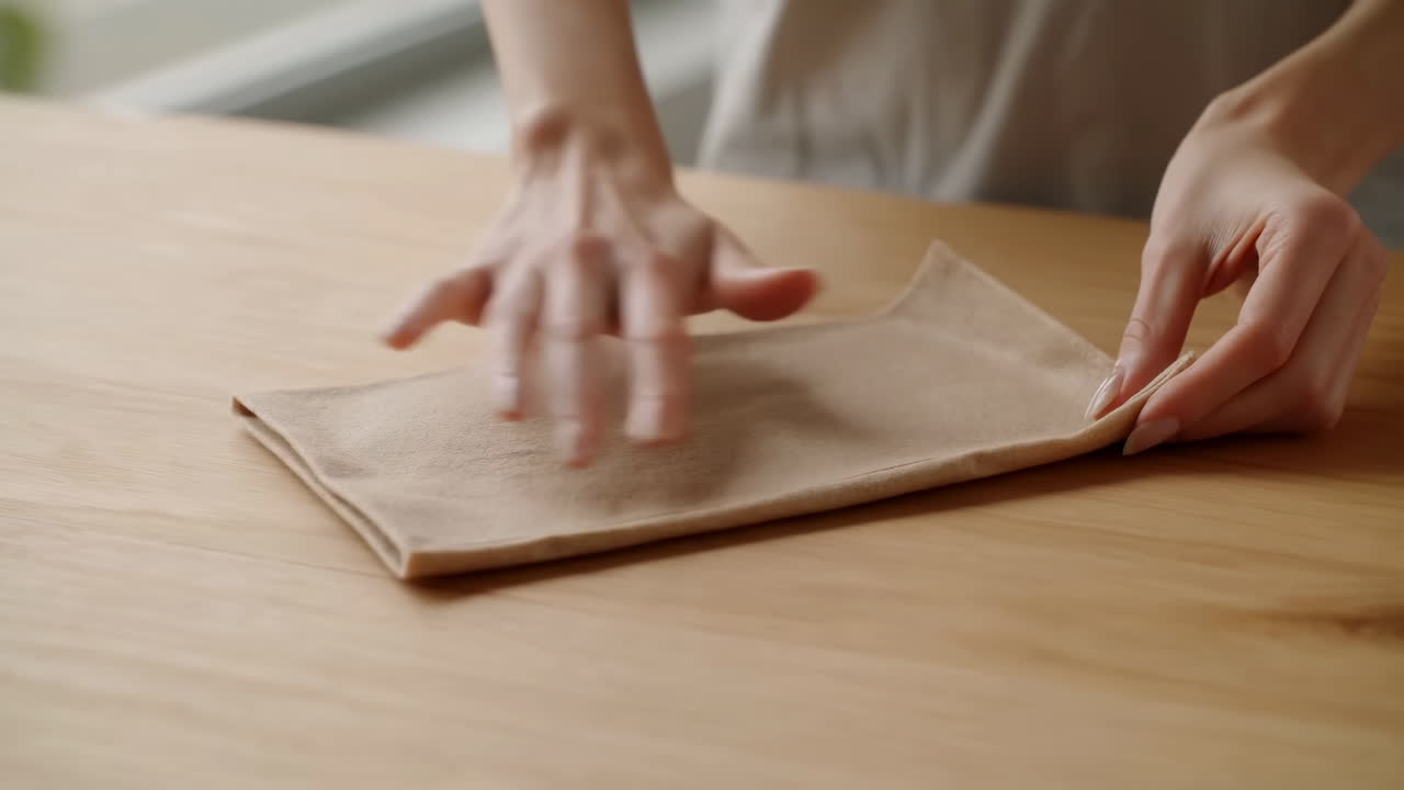 Nærbillede af hænder, der folder og glatter beige stof på et træbord
