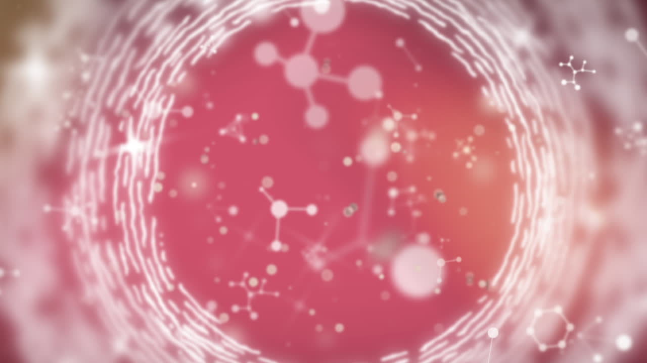 분자가 떨어지는 애니메이션과 핑크색 위의 원 모양 모양