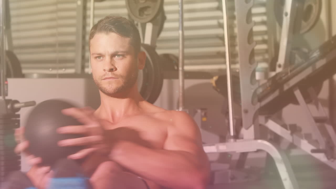 체육관 에서 운동 하는 강한 남자 위 에 반 ⁇ 이는 반점 들 의 애니메이션