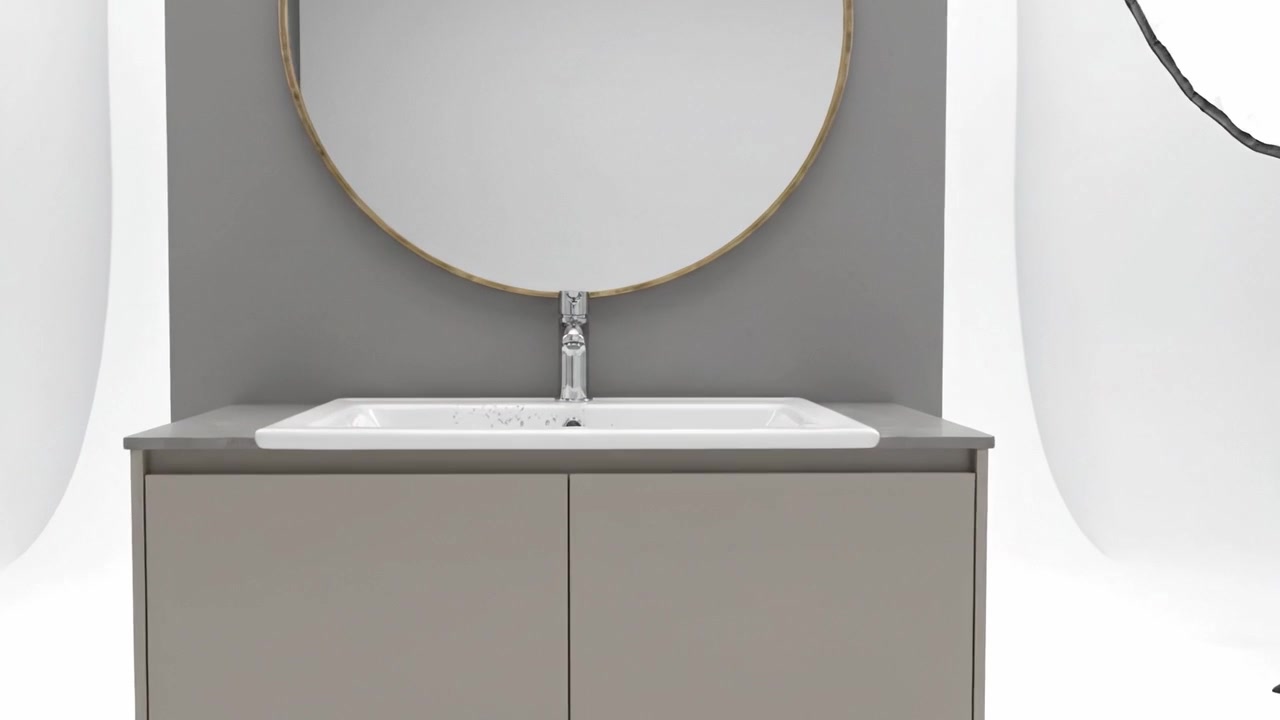Contemporary Bathroom Design Featuring Elegant Sink Faucet and Minimalist Vanity with Circular Mirror for a Modern Aesthetic and Functional Space