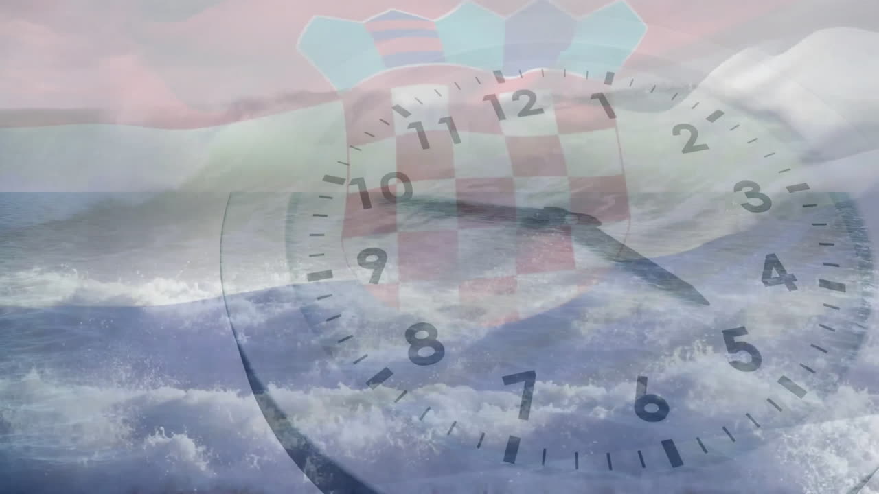 Animation of flag of croatia and sea over clock moving