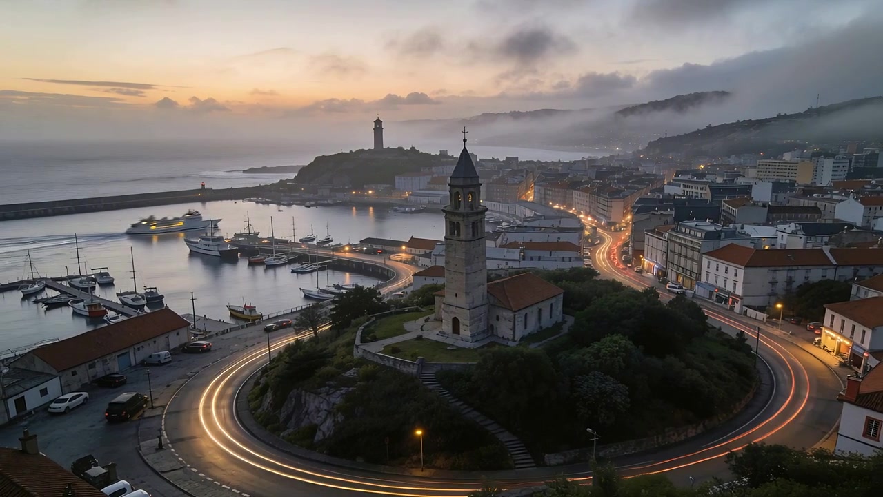 Inquadratura di un campanile in pietra e di una chiesa al crepuscolo del porto, veicoli che partono creando scie luminose circolari.