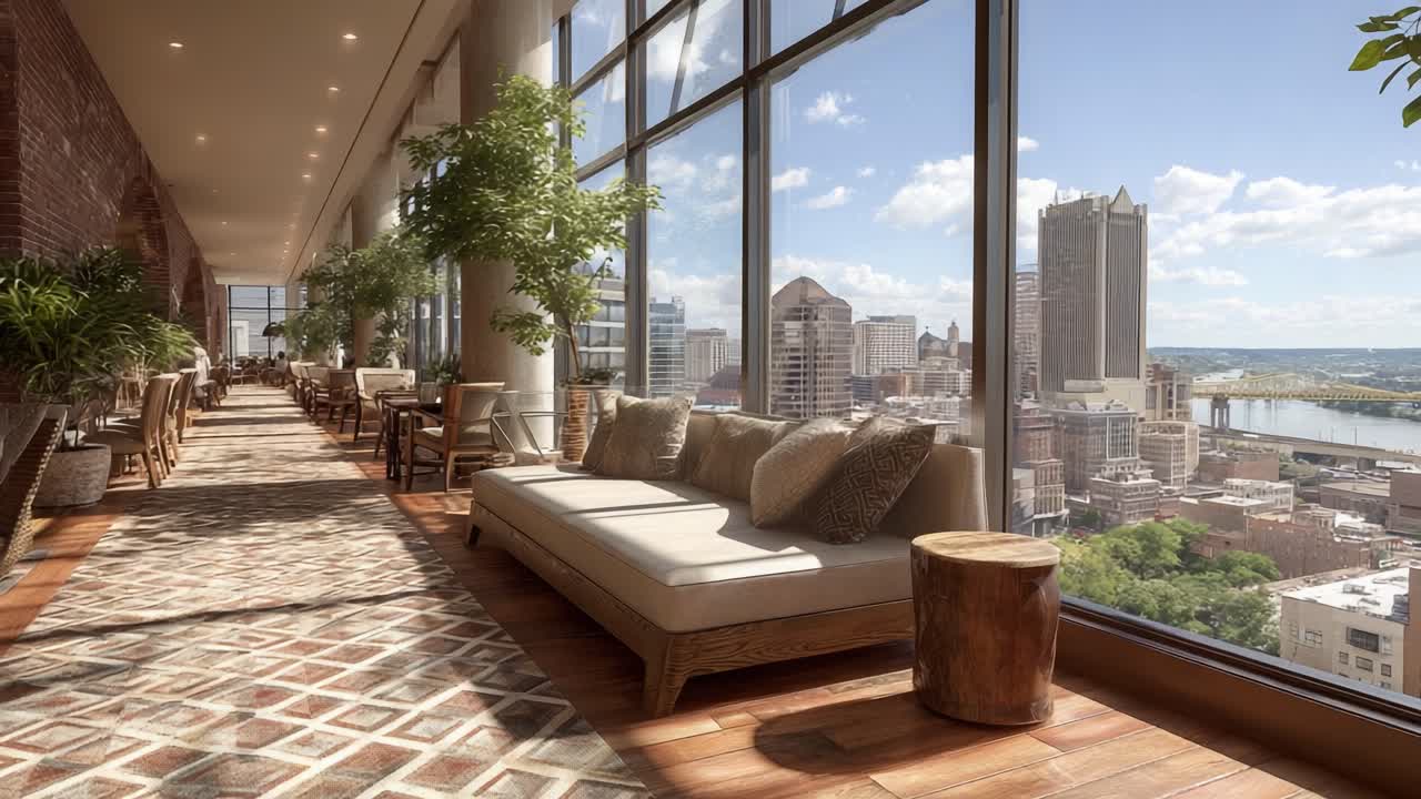 A serene, modern lounge area with large windows overlooking a vibrant cityscape, featuring cozy seating, natural elements, and a warm, welcoming atmosphere