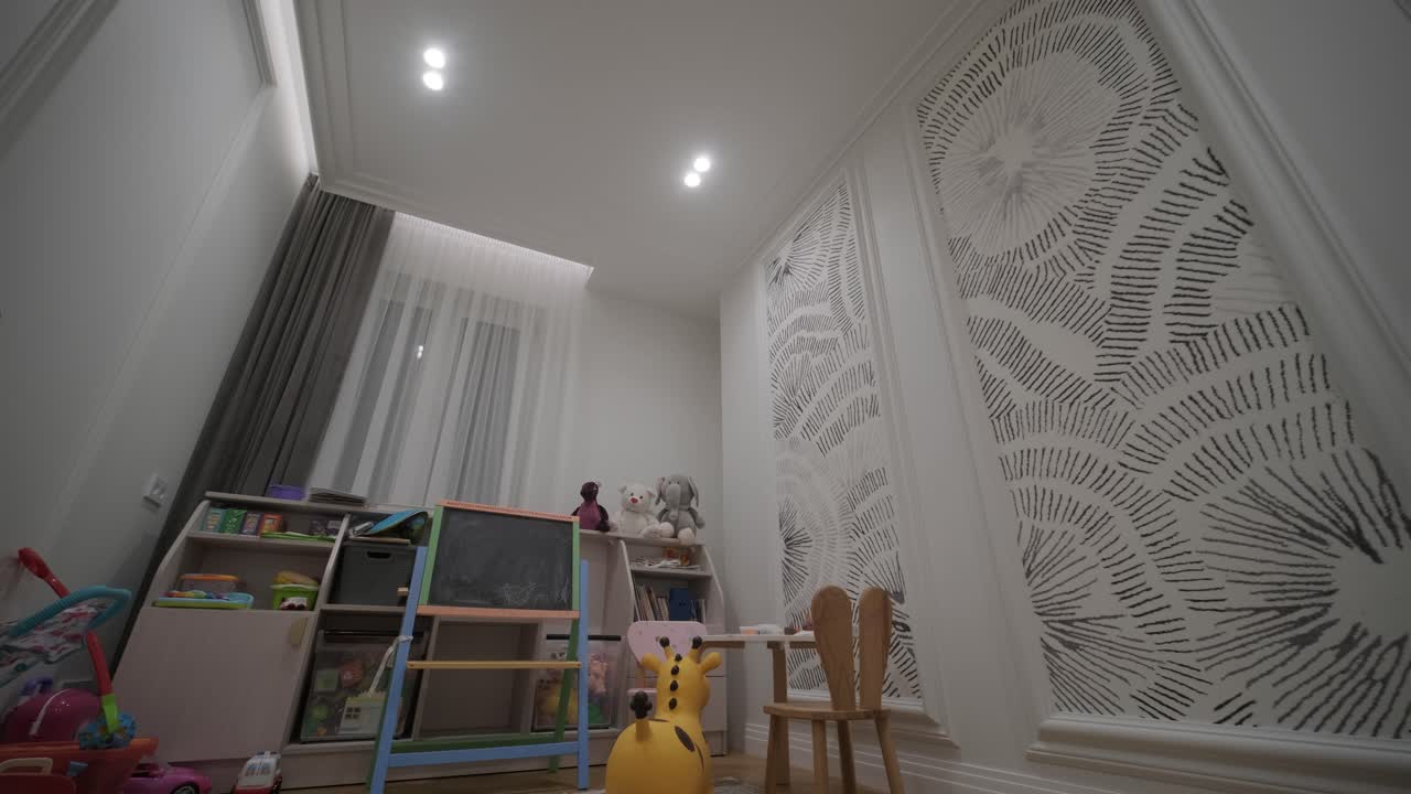 Playful and bright child's room with an engaging toy storage unit, whimsical patterned wallpaper, and a cozy reading nook to inspire imagination and learning