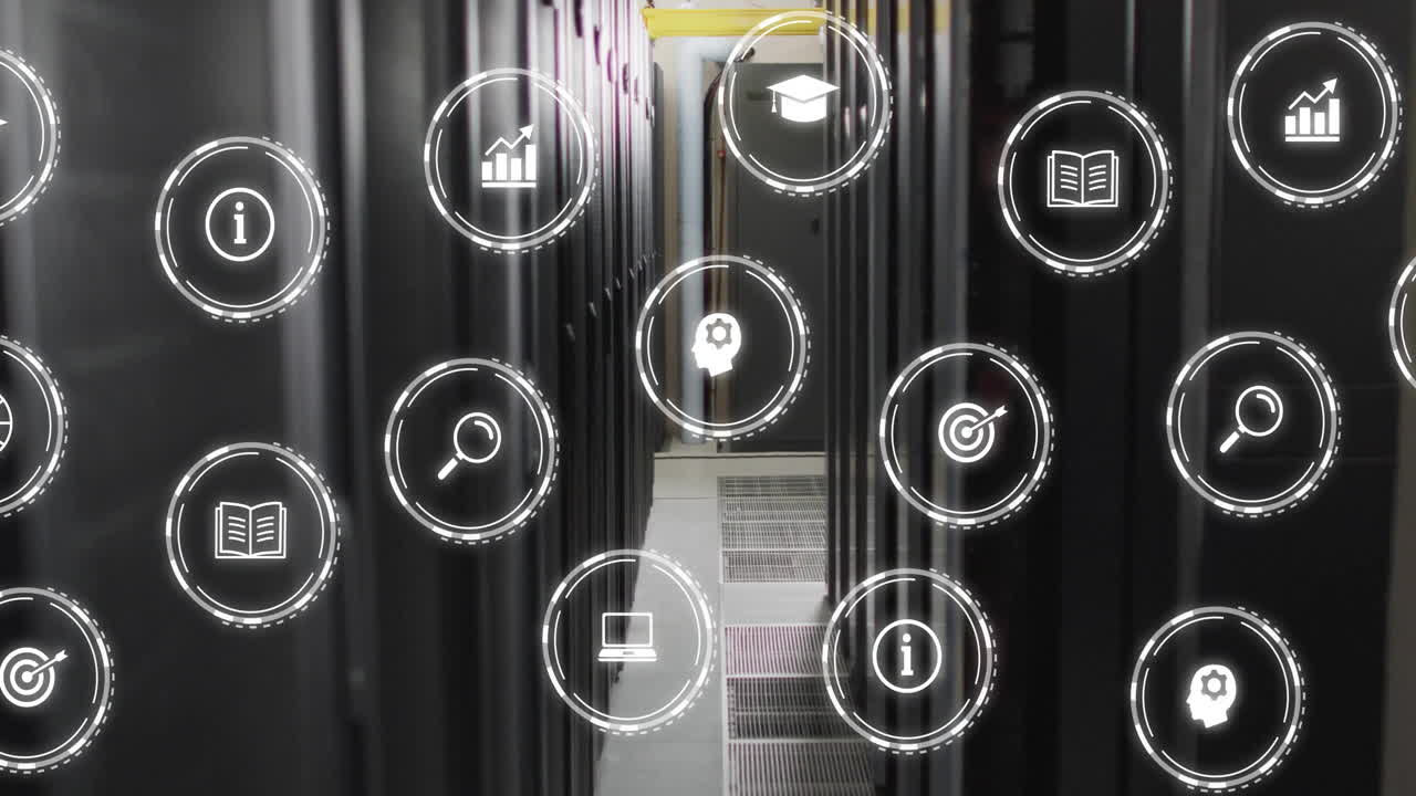 animación de iconos digitales y procesamiento de datos a través de servidores informáticos