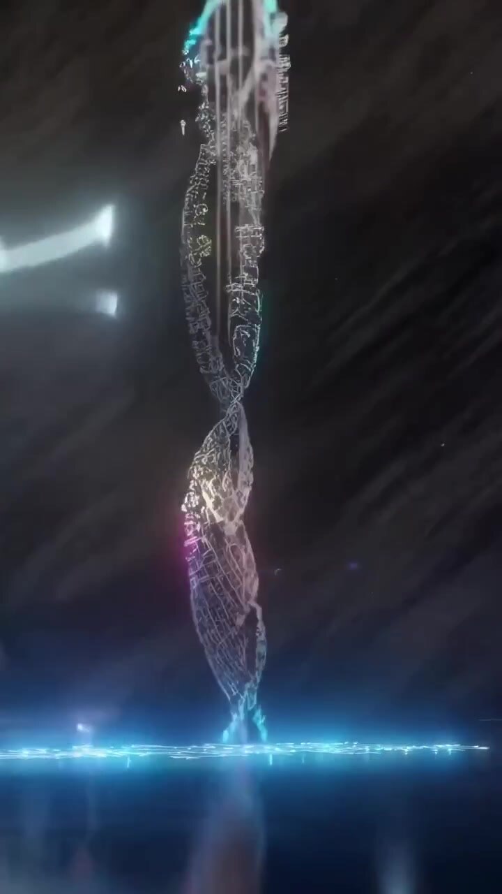 Abstrakt digital animation af lysende tekst, der danner en DNA-helix