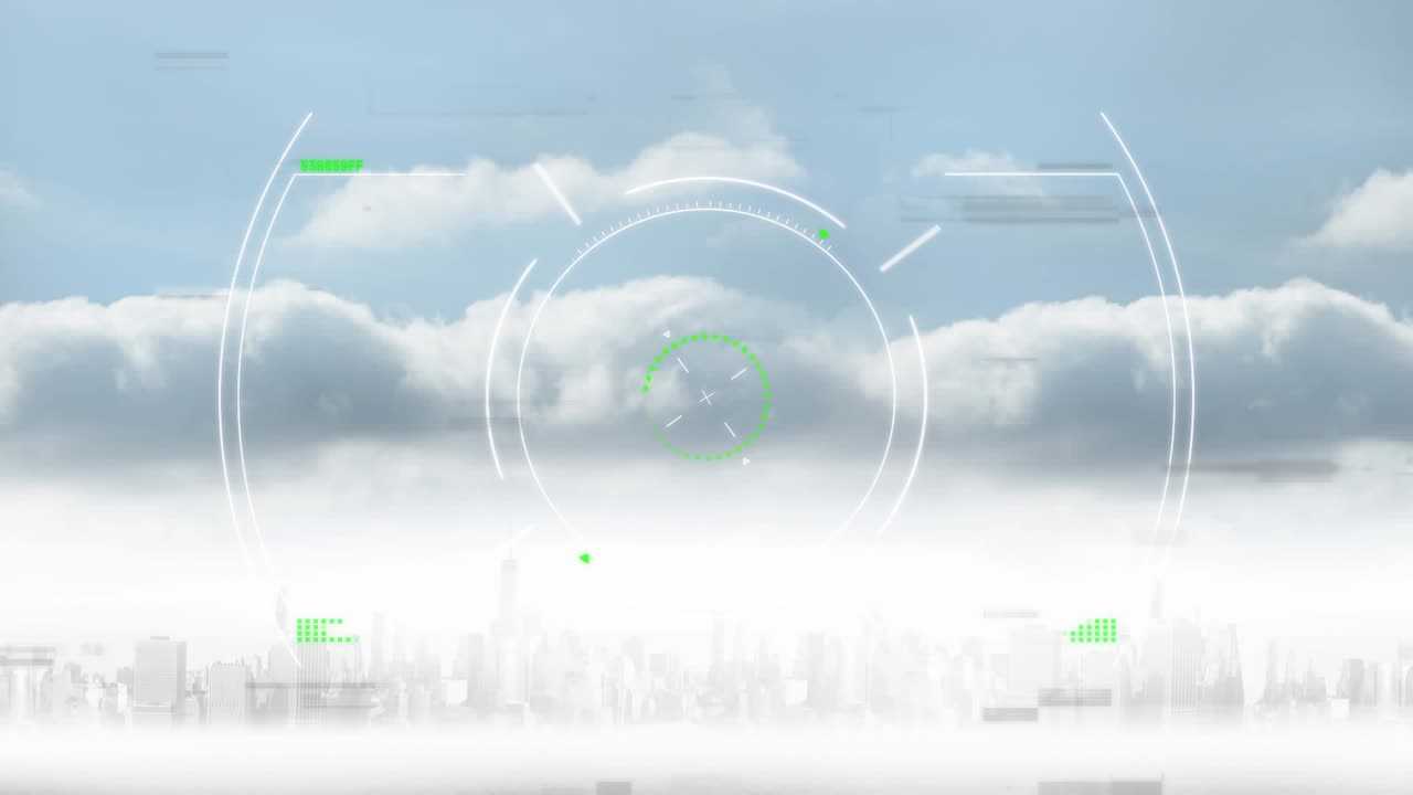 도시 풍경 위의 범위 스캐닝과 데이터 처리 애니메이션