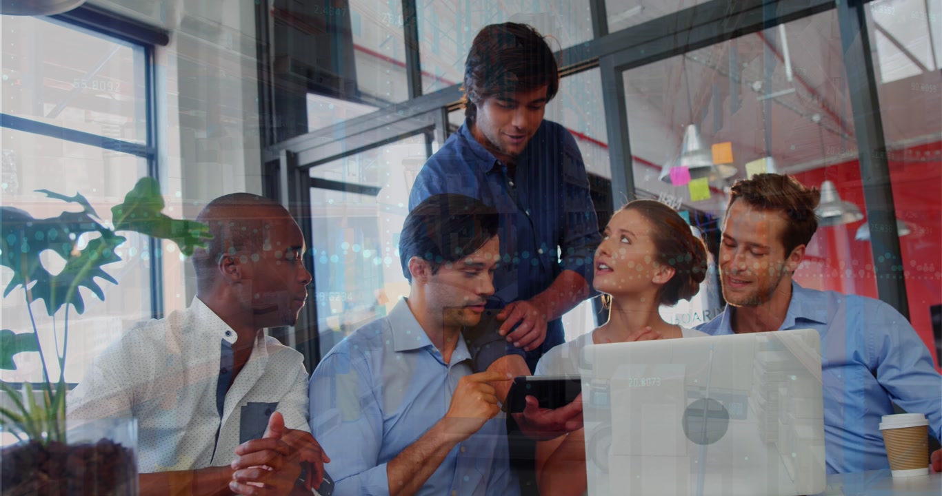 Animation of data processing and cityscape over diverse business people at office