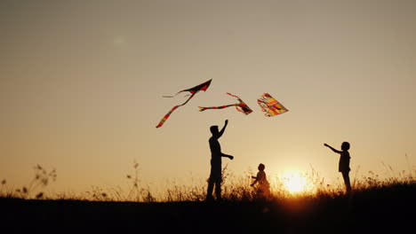 children play with kites in a picturesque place at sunset