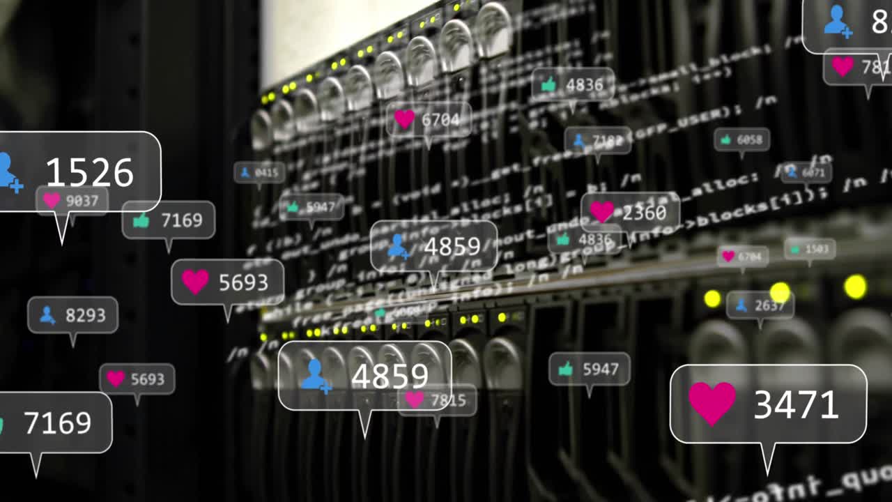 animación de iconos de redes sociales y procesamiento de datos a través de un servidor informático