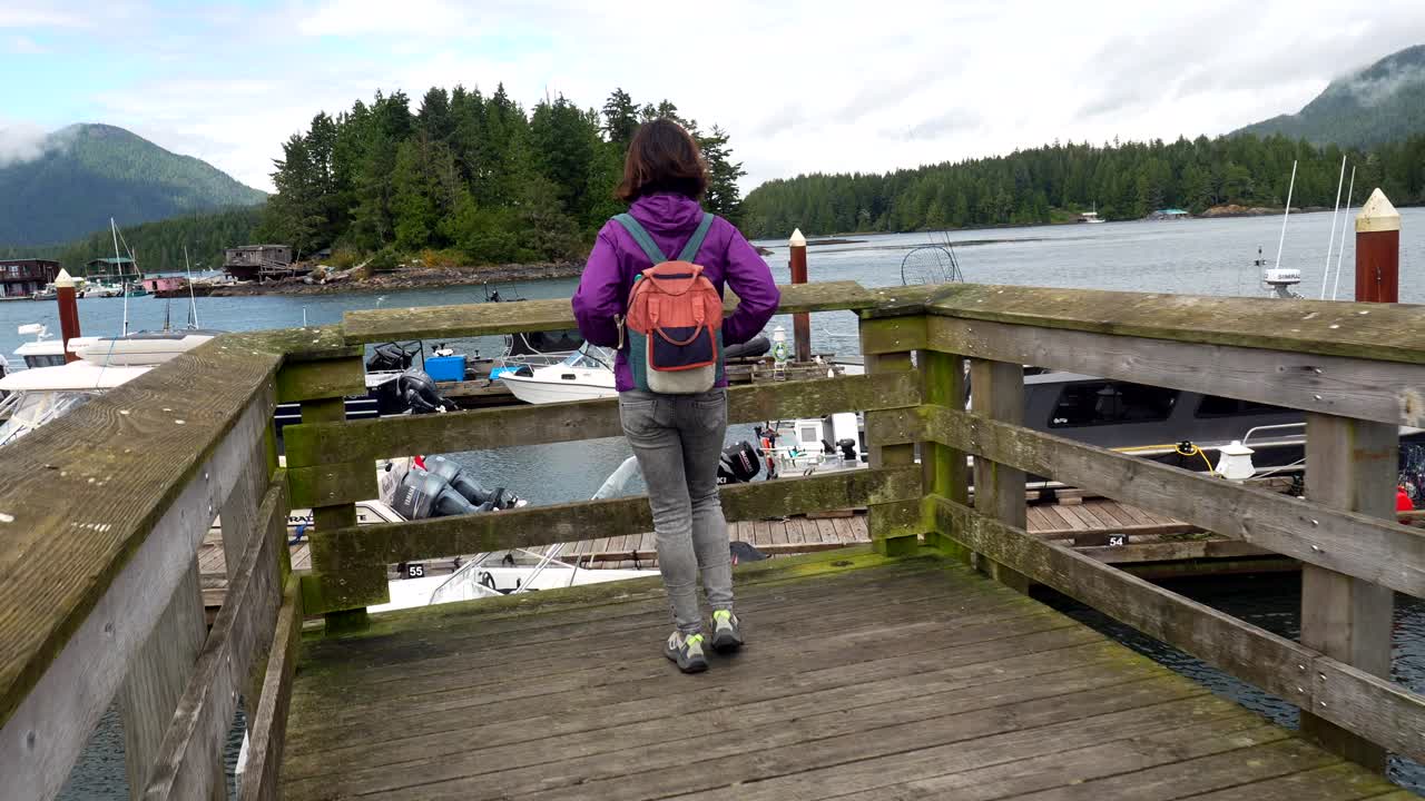 Persona su una banchina vicino a un lago