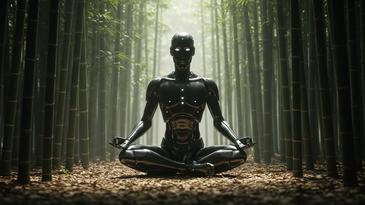 A Meditative Robot in a Serene Bamboo Forest, Highlighting the Intersection of Technology and Nature Through a Pensive, Tranquil Atmosphere in the Wilderness