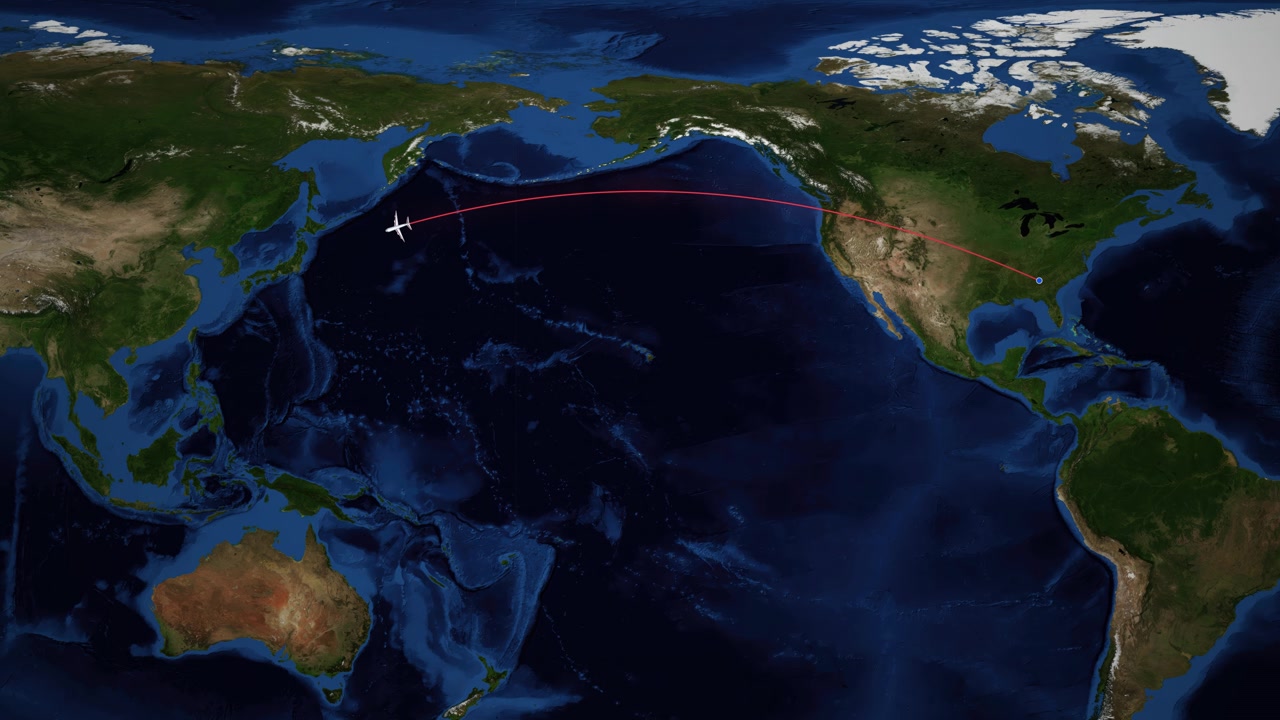 A digital airplane icon travels along a red arc across a satellite world map background