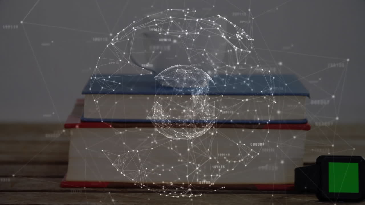 Holographic wireframe globe floating above stacked hardcover books, smartwatch glowing bright green