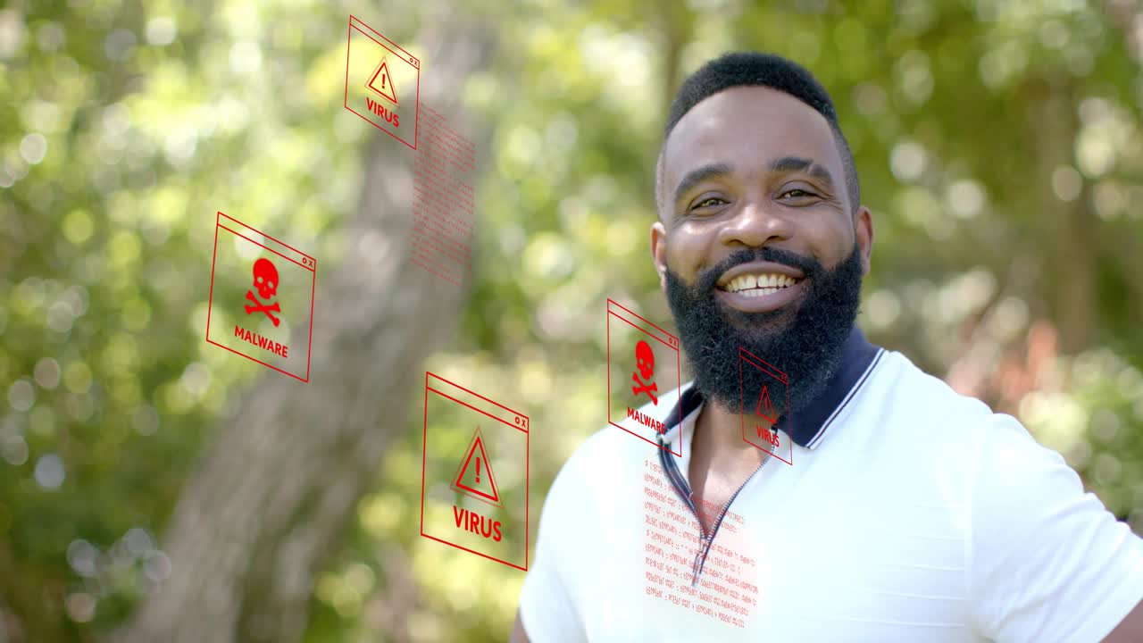 Man turning as camera closing in, smiling beside floating malware icons showing cyber awareness
