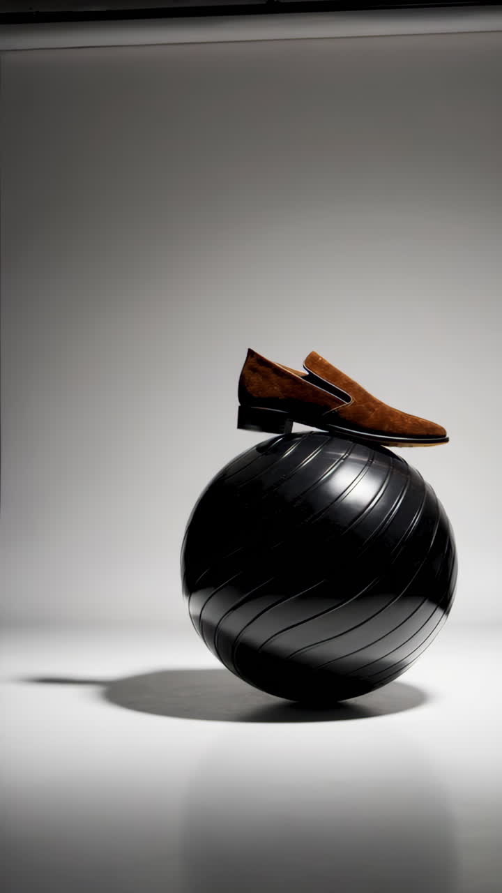 Brown Loafer Shoe on a Black Exercise Ball