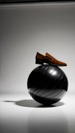 brown loafer shoe on a black exercise ball
