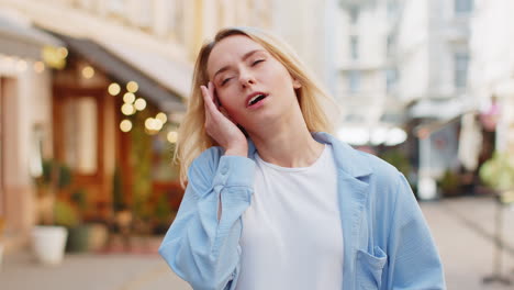 displeased exhausted woman rubbing temples to cure headache problem suffering from tension migraine