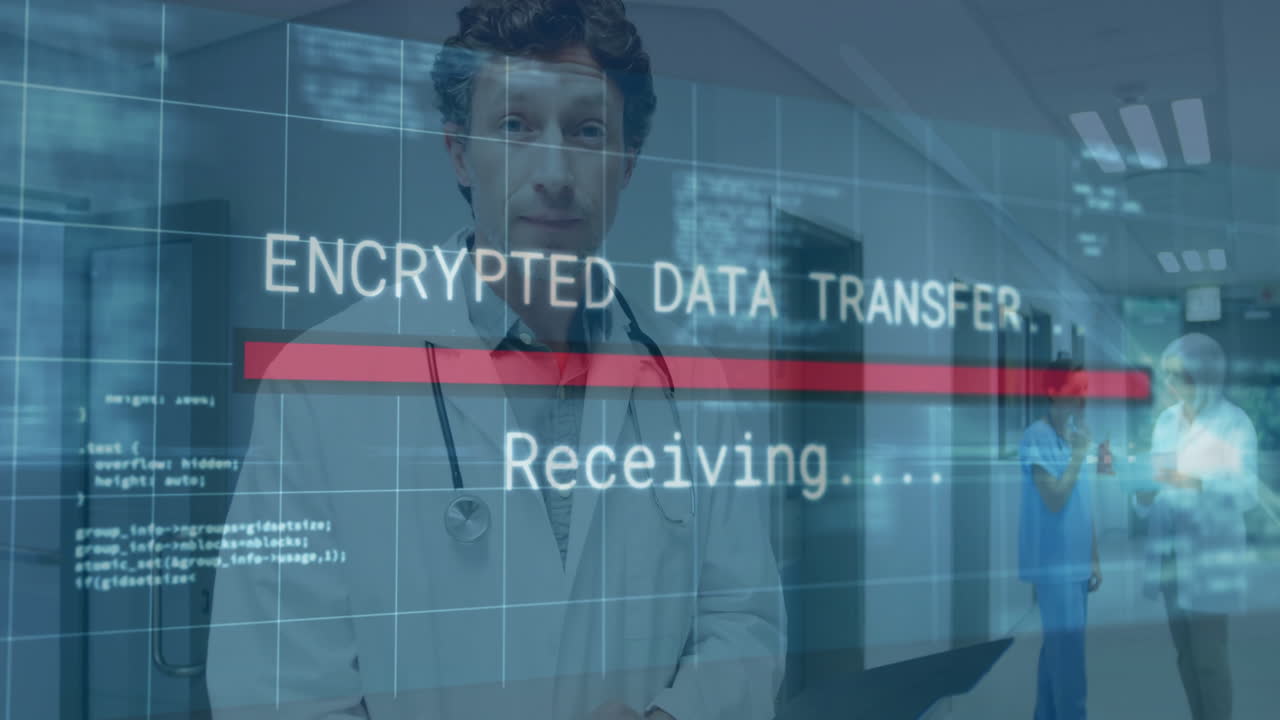 Doctor in hospital hallway with encrypted data transfer animation overlay