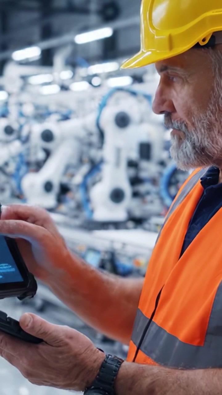 Un operaio specializzato in una fabbrica intelligente analizza i dati su un dispositivo tablet, circondato da macchinari robotici avanzati, mostrando l'integrazione tra tecnologia e industria.