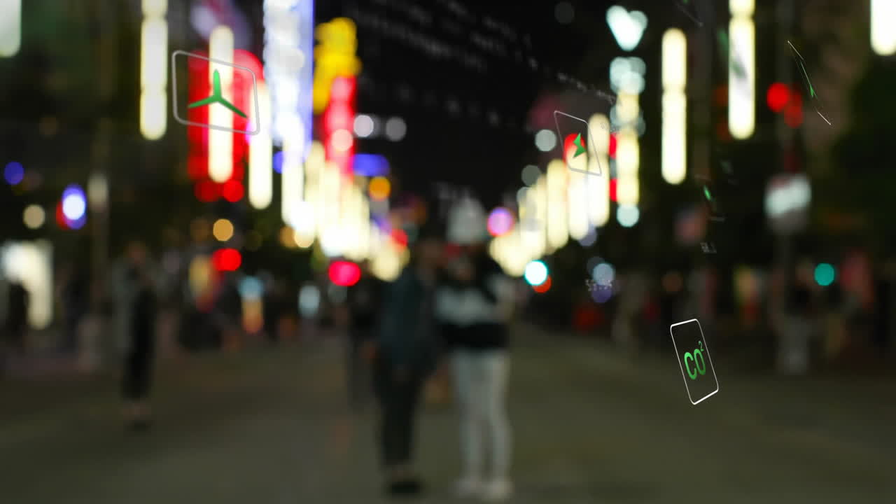 Two blurred pedestrians walking through neon-lit street, displaying floating AR data icons