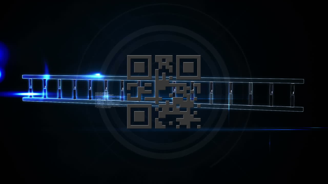 animación digital de código qr brillante contra la estructura del adn y el procesamiento de datos en fondo negro