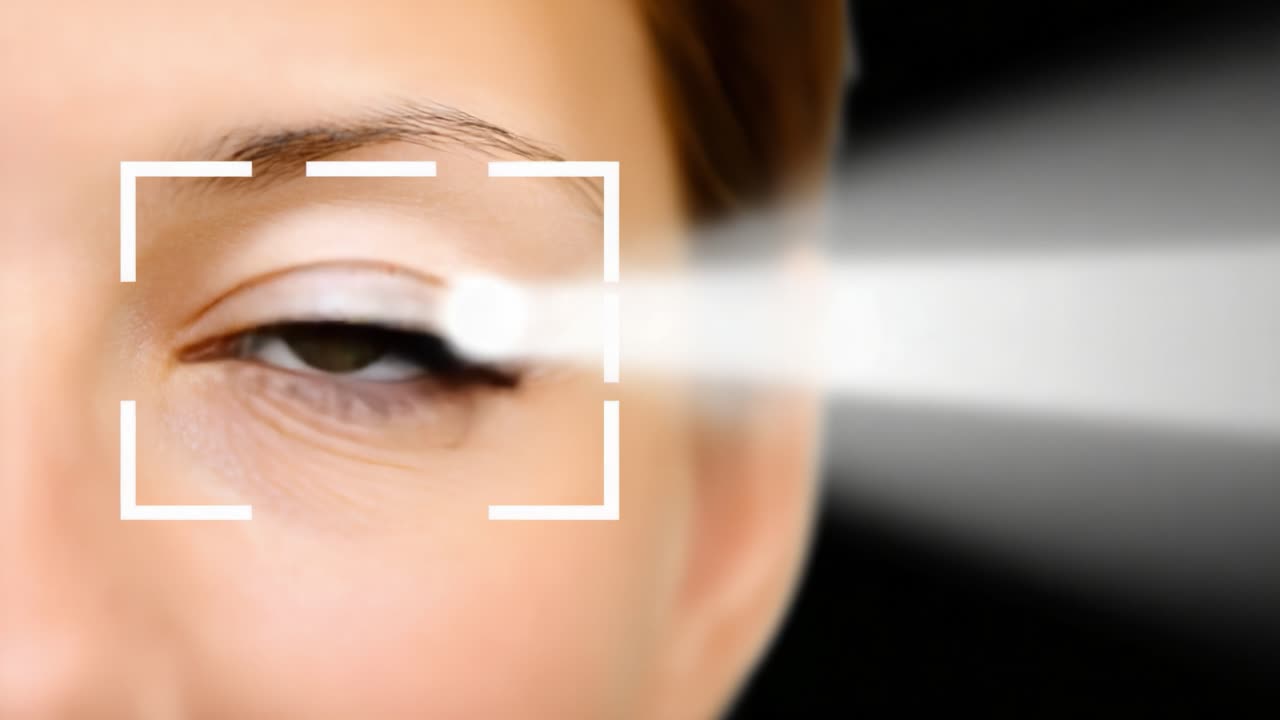 Futuristic biometric technology scanning a woman's hazel eye for identity verification, with a light beam analyzing the iris patterns and pupil for secure access control on a dark background