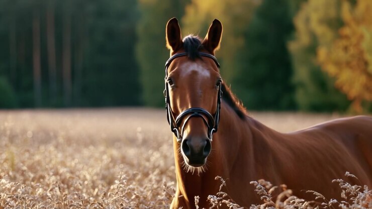 A majestic brown horse stands gracefully in a sunlit field, showcasing its beauty against a backdrop of lush trees and golden grasses, capturing the essence of serene equine elegance.