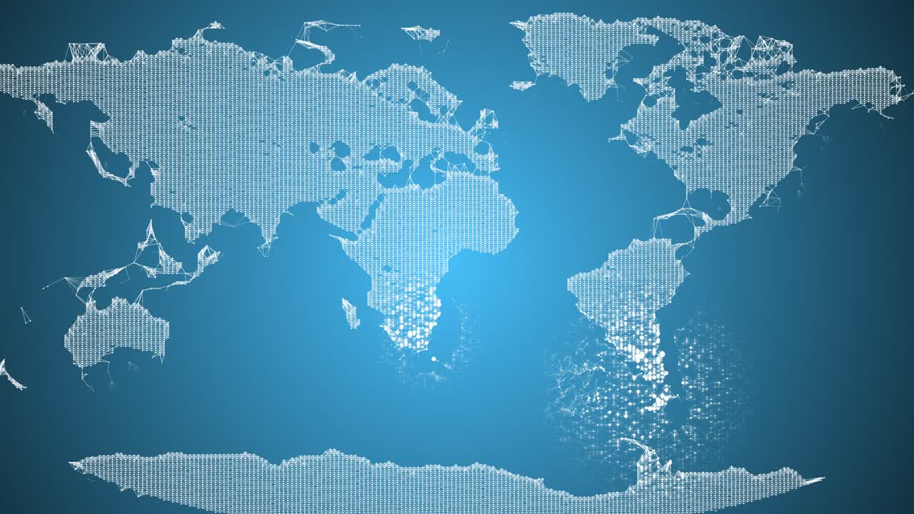 움직이는 파란색 세계 지도의 클로즈업.