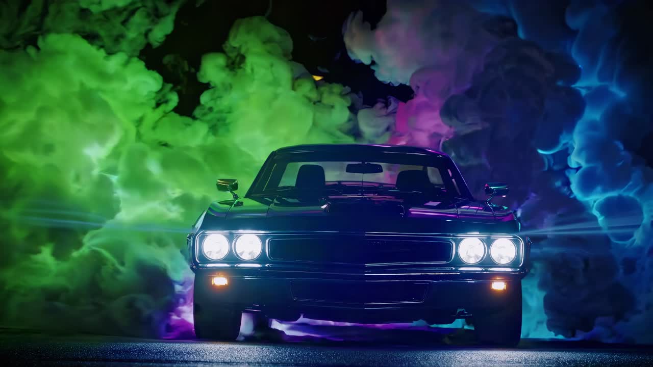 Classic Muscle Car in Neon Smoke