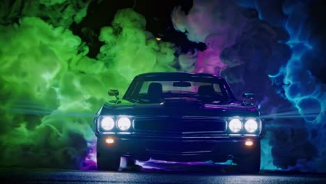classic muscle car in neon smoke