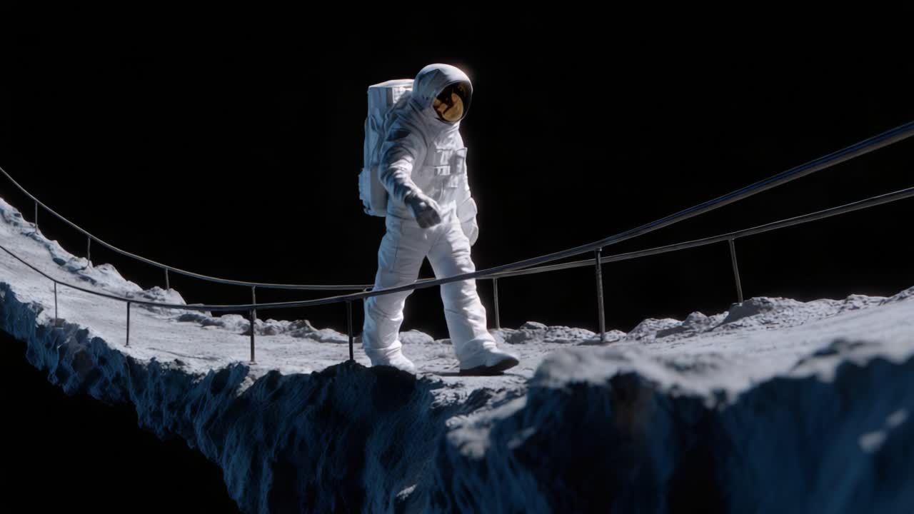 An Astronaut Walks on a Suspended Bridge Over the Moon's Surface, Showcasing the Vastness and Unique Terrain of an Extraterrestrial Environment