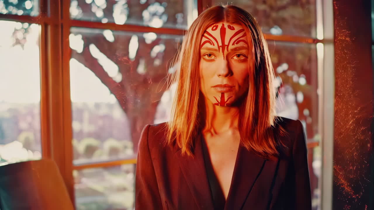 Woman with face paint in office setting