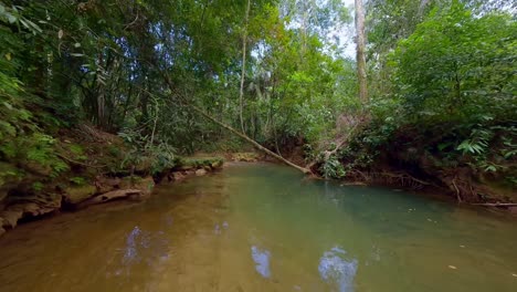 Langsamer-Flug-In-Geringer-Höhe-über-Den-Tiefen-Dschungelfluss-An-Einem-Sonnigen-Tag-Mit-Schmutzigem-Wasser---Rio-Comate,-Monte-Plata