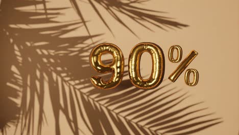 90-%-Prozentualer-Rabattverkauf-Auf-Goldenem-Hintergrund-Mit-Sanfter-Palmenbrise,-Animations-Rendering-Des-Feiertags-Sommerverkaufskonzepts