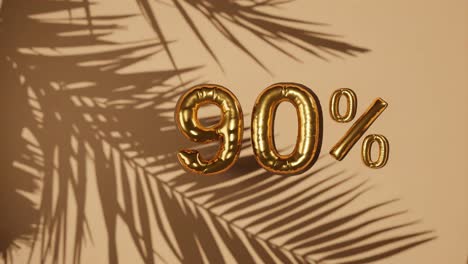 90% percentage discount sale on gold background with palm tree gentle breeze, holiday summer sale concept animation rendering