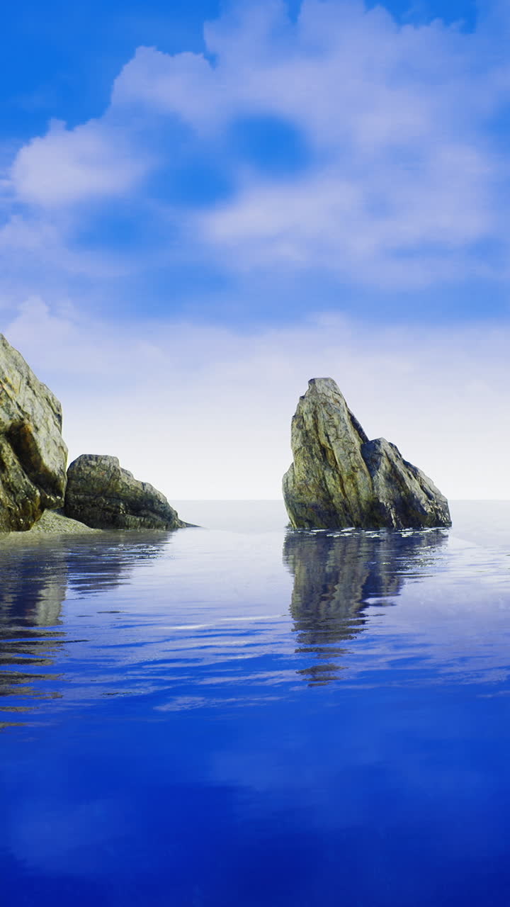 Serene coastal landscape with rocky formations and tranquil waters at sunset