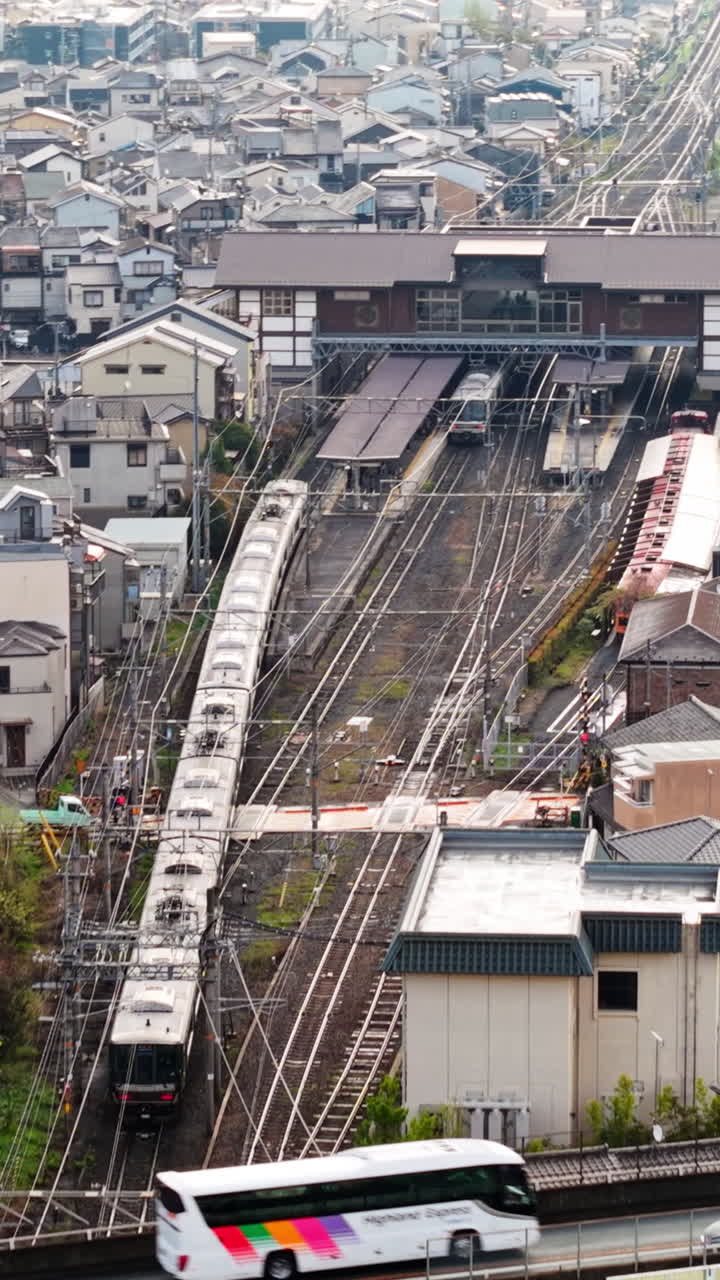 Aerial drone view of the Arashiyama district in Kyoto Japan in daylight